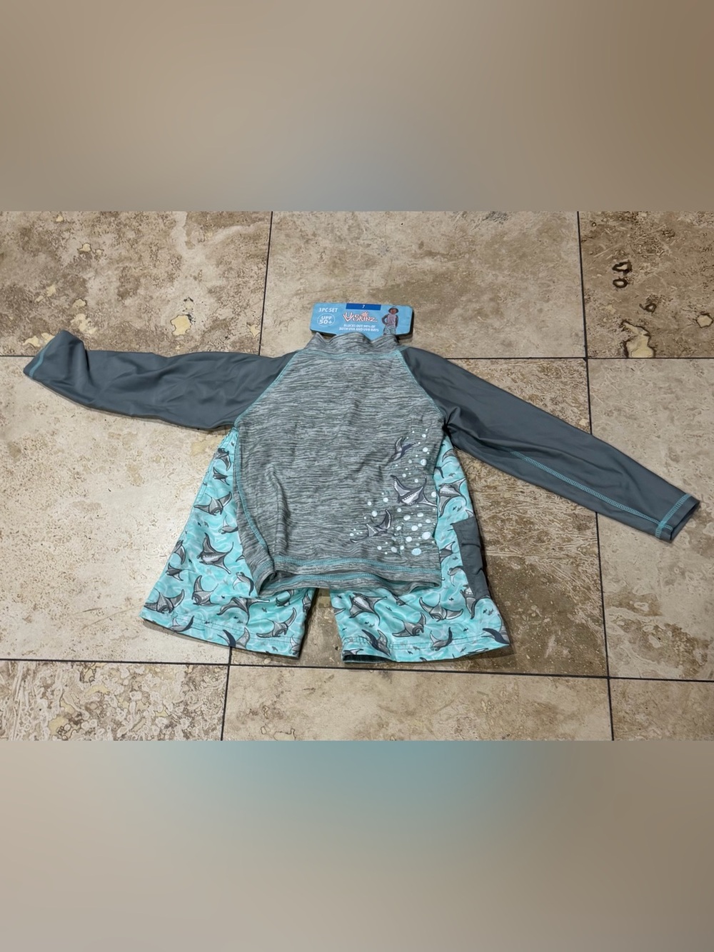 Kids Shark Print Rash-guard Set - Gray & Aqua